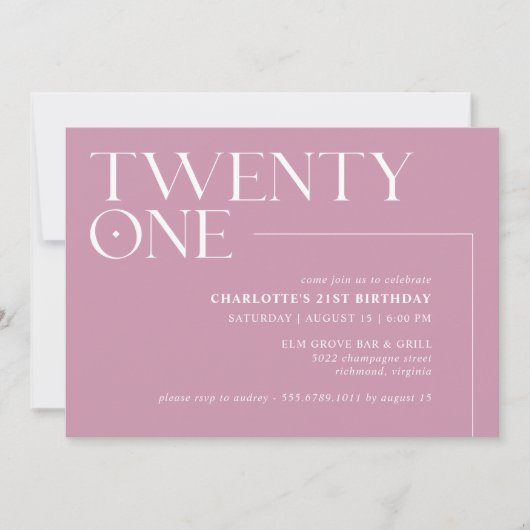einundzwanzig | Moderne Dusty Rose Rosa 21. Geburt Einladung (Vorderseite)