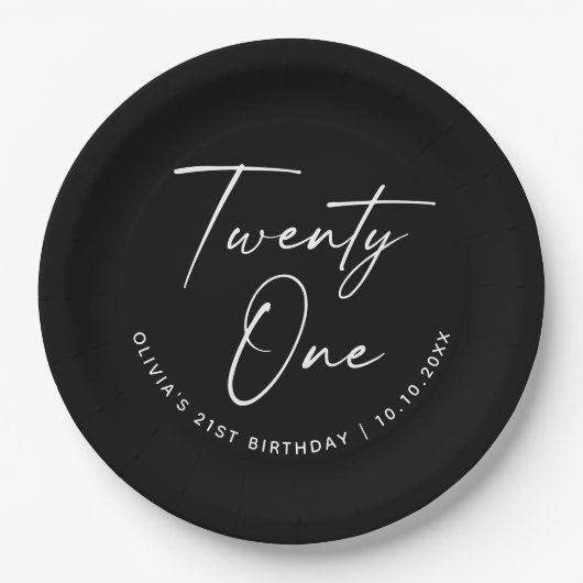 Einundzwanzigster Geburtstag | Schwarze Minimalist Pappteller (Vorderseite)