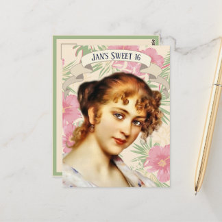 Einvladung mit Vintage-Frau und rosa Hibiskusblüte Postkarte