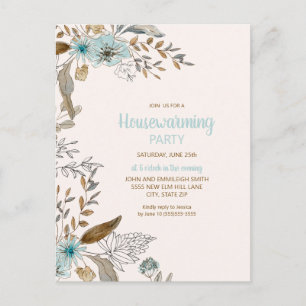 Einweihungsparty Blau Braune Blumen Blätter Boho Postkarte