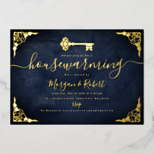 Einweihungsparty im Vintage Navy Gold Key Stil Folieneinladung