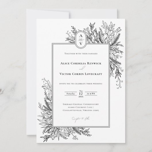 Einzel-Hochzeitsmonographie in Weiß und Schwarz Einladung (Vorderseite)