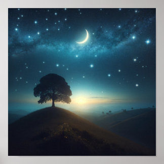 Einzelbaum unter der Starry Night Poster
