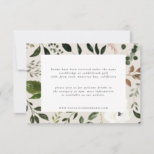 Einzelheiten zu rustikalem Blattwerk, Blumen und J Save The Date (Rückseite)