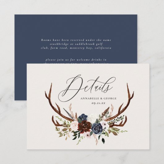 Einzelheiten zu rustikalem Blattwerk, Blumen und J Save The Date (Vorne/Hinten)