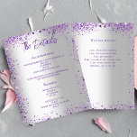 Einzelheiten zum lila Hochzeitsprogramm für Silber Einladung<br><div class="desc">Eine moderne,  elegante Hochzeitsdetails/Programm/Zeitleiste. Ein silbernes Imitat mit violettem,  lavendelfarbenem Imitat Glitzer. Personalisieren und fügen Sie Ihre Namen und Hochzeitsdetails. Violettfarbene Buchstaben. Text auf beiden Seiten.</div>
