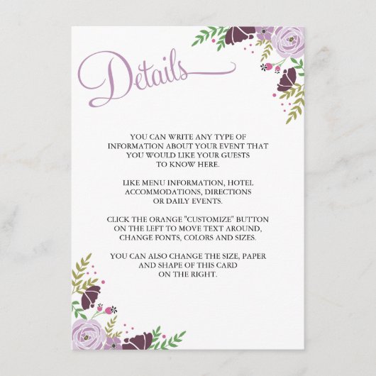 Einzelheiten zur Blumenhochzeit/Informationskarte Begleitkarte (Vorderseite)