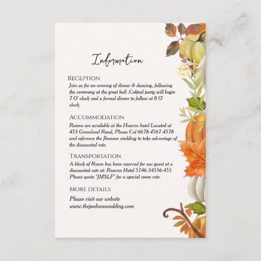 Einzelheiten zur Herbsthochzeit Begleitkarte (Vorderseite)