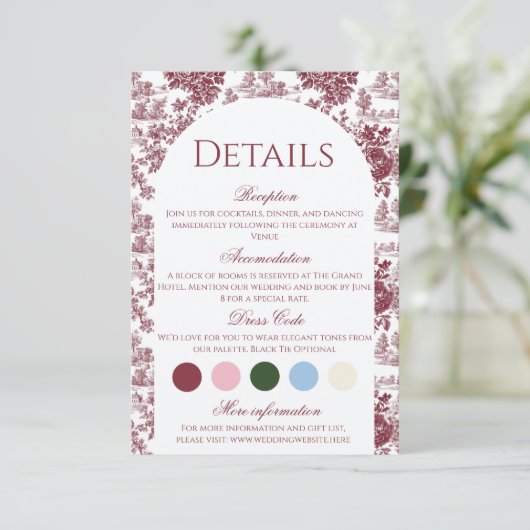 Einzelheiten zur Hochzeit | Burgundy Toile Enclosu Begleitkarte (Stehend Vorderseite)