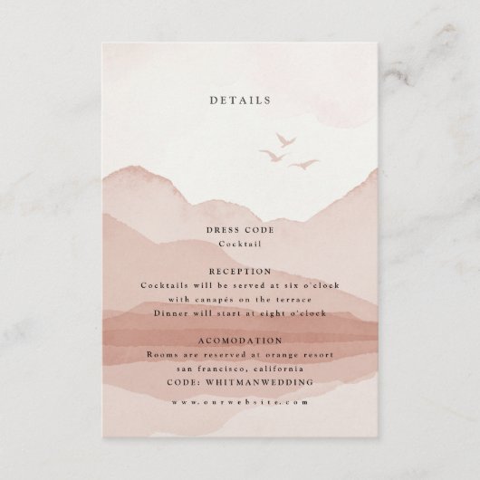 Einzelheiten zur Hochzeit in Urlaubsort der Blush Begleitkarte (Vorderseite)