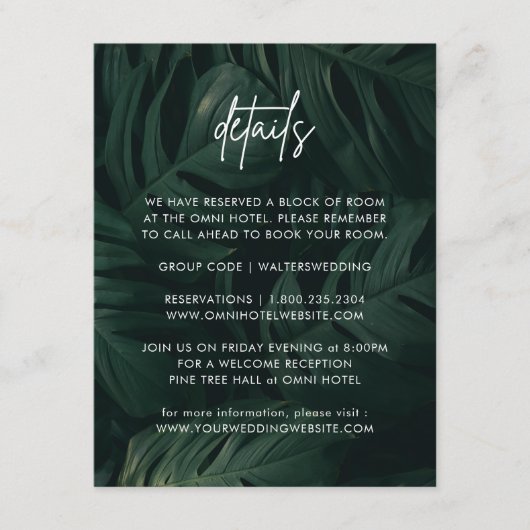 Einzelheiten zur tropischen Hochzeit in Urlaubsort Begleitkarte (Vorderseite)