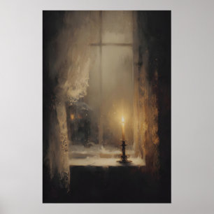 Einzelne Kerze im Fenster bei Dämmerung, Dark Acad Poster