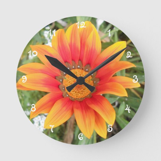 Einzelne orangefarbene Blume Runde Wanduhr (Vorderseite)