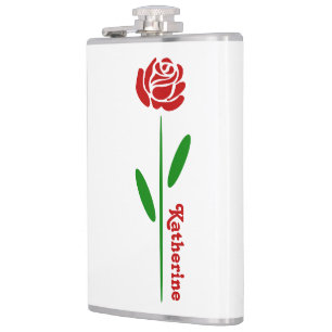 Einzelne Rote Rose Grüner Stiel Blätter Benutzerde Flachmann