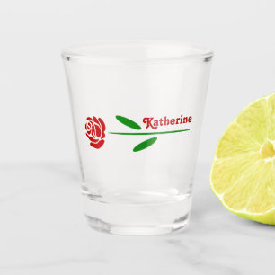 Einzelne Rote Rose Grüner Stiel Blätter Personalis Schnapsglas