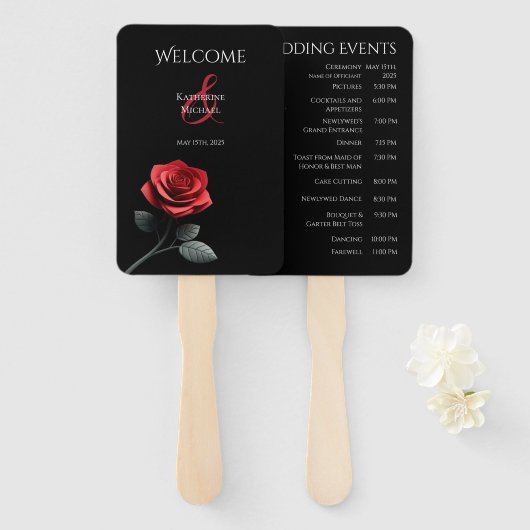 Einzelne rote Rose-Hochzeitsprogramm Fächer (Vorne und Hinten)