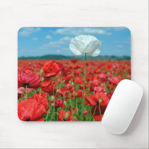 Einzelne weiße Mohnblume in einem roten Mohnfeld Mousepad