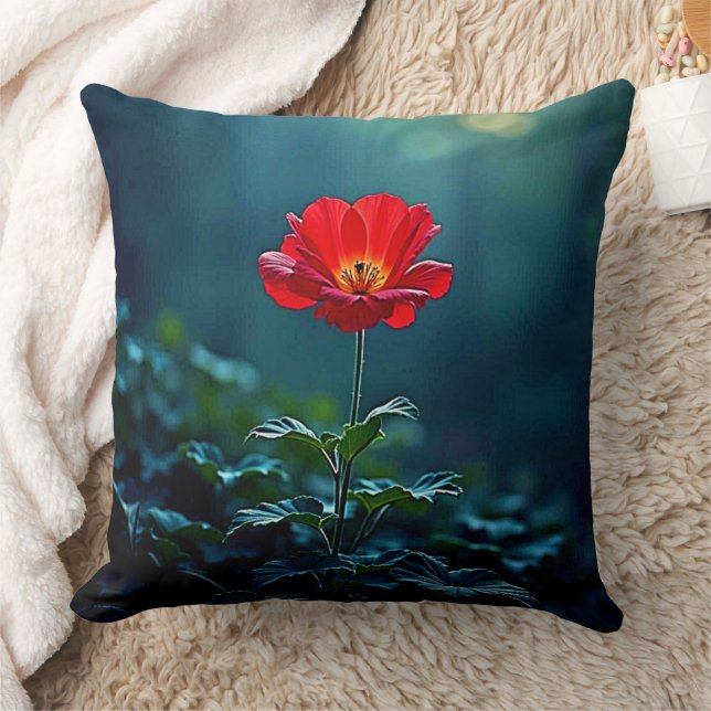 Einzelnes rotes Blüten-Fokus-Design Kissen (Decke)