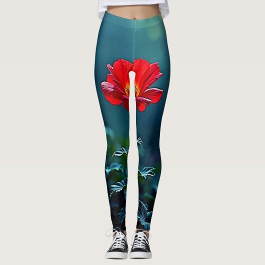 Einzelnes rotes Blütenfokus-Design Leggings (Vorderseite)