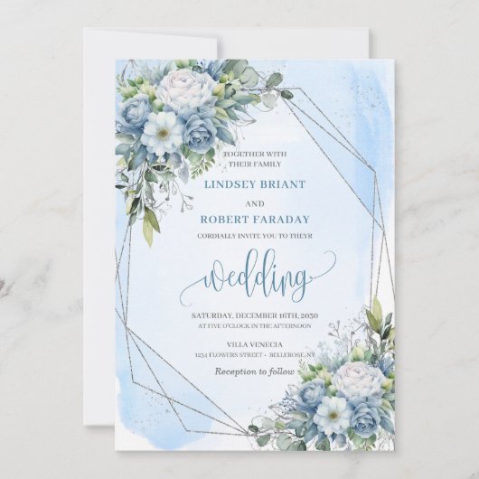 Einzigartig Aquarellfarbe Dusty Blau Weiß Silberbl Einladung (Vorderseite)
