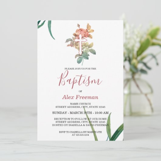 Einzigartig Blush Pink Script Blumengurt Taufe Einladung (Stehend Vorderseite)