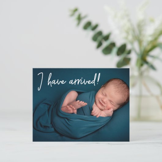 Einzigartig Funny Ich bin angekommen Baby Junge Fo Ankündigungspostkarte (Stehend Vorderseite)