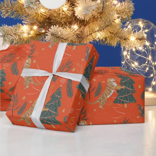 Einzigartig Grün und Rot Weihnachtsbaum Tiger Geschenkpapier (Feiertage)