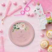 Einzigartig Rosa Blush Bloral Gold Cross Taufe Pappteller (Party)