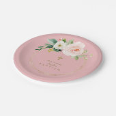 Einzigartig Rosa Blush Bloral Gold Cross Taufe Pappteller (Schrägansicht)