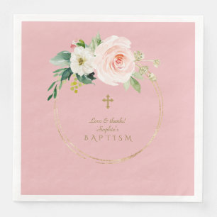 Einzigartig Rosa Blush Bloral Gold Cross Taufe Serviette