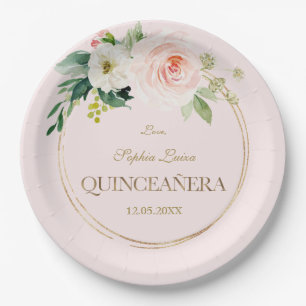 Einzigartig Rosa Weiße Blume Gold Quinceañera Pappteller