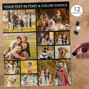 Einzigartige 12-Foto-Collage einfache Text Schwarz Puzzle