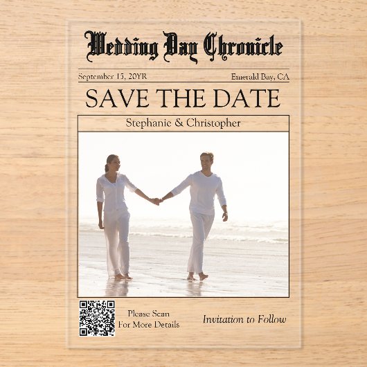 Einzigartige 1-Foto-QR-Code-Zeitung Save-the-Date Acryleinladungen (Vorderseite)