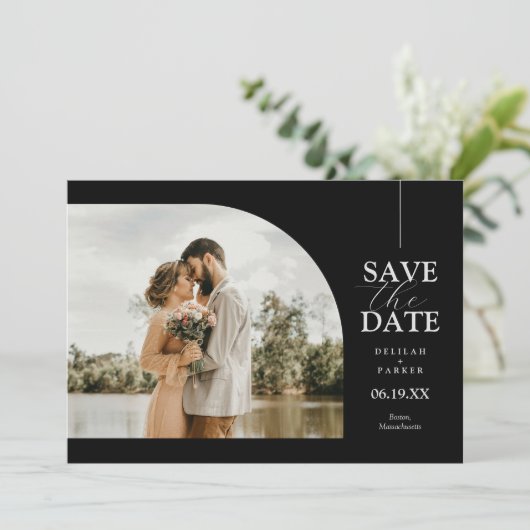 Einzigartige Arched Foto Card Save the Date - Schw Einladung (Stehend Vorderseite)