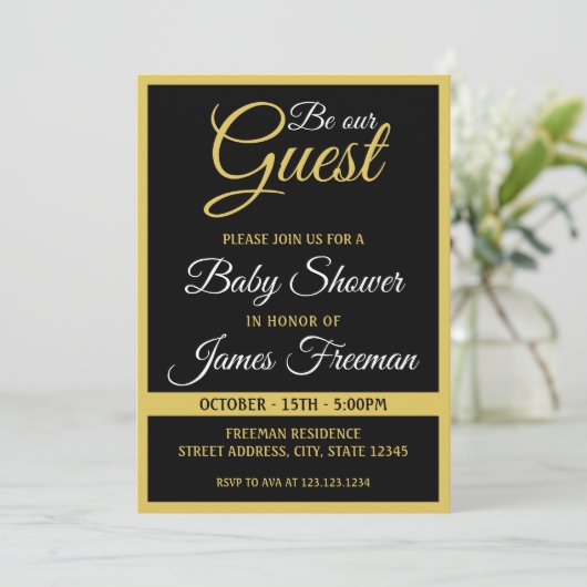 Einzigartige Black & Gold Baby Dusche Einladung (Stehend Vorderseite)