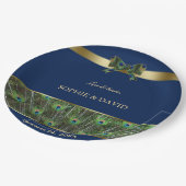 Einzigartige blaue Gold Pfauenfeathers Wedding Pappteller (Schrägansicht)