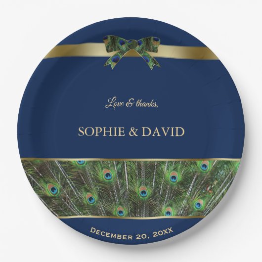 Einzigartige blaue Gold Pfauenfeathers Wedding Pappteller (Vorderseite)