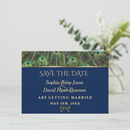 Einzigartige blaue Gold Pfauenfeathers Wedding Save The Date (Stehend Vorderseite)