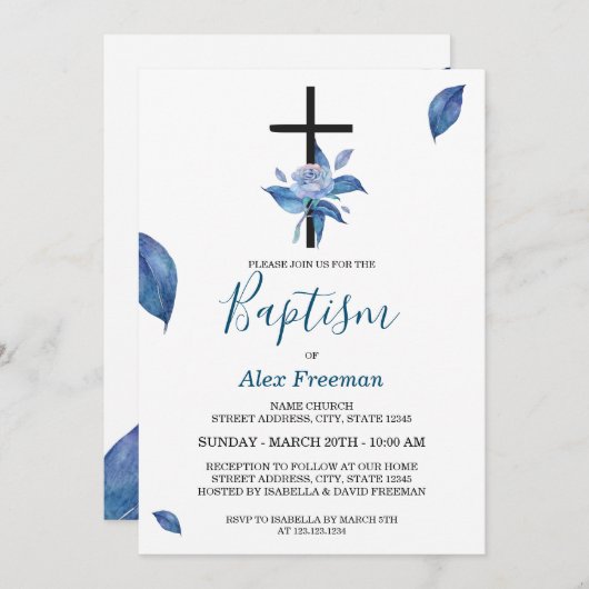 Einzigartige Blauer Script Wasserfarben Rose Blume Einladung (Vorne/Hinten)