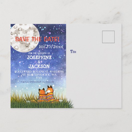 Einzigartige Blue Fox Moon Stars Save the Date Hoc Ankündigungspostkarte (Rückseite)