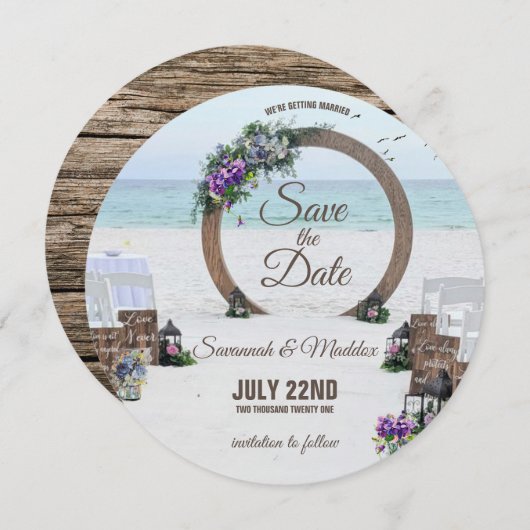 Einzigartige Blume aus Holz am Arbor Beach Hochzei Save The Date (Vorne/Hinten)