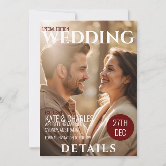 Einzigartige Details zum Custom Magazine Style Hoc Einladung (Vorderseite)