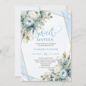 Einzigartige Dusty Blue White Gold Blume Sweet 16 Einladung (Vorderseite)