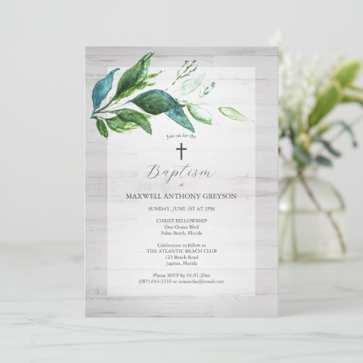 Einzigartige Einladung zur Taufe Rustikale Vegetat (Stehend Vorderseite)