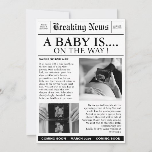 Einzigartige Einladung zur Zeitung Babydusche (Vorderseite)