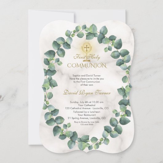 Einzigartige Eukalyptus Wreath Gold Cross Heilige  Einladung (Vorderseite)