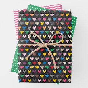 Einzigartige farbenfrohe Herzstreifen Polka Dots M Geschenkpapier Set