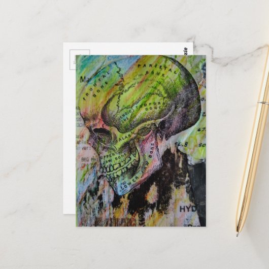 Einzigartige farbenfrohe Schädelknochen Mixed Medi Postkarte (Vorderseite/Rückseite Beispiel)