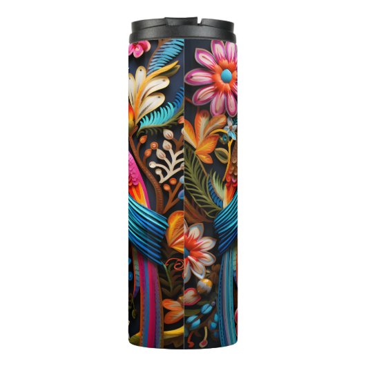 Einzigartige farbenfrohe und exotische 3D-Vögel un Thermosbecher (Rückseite)