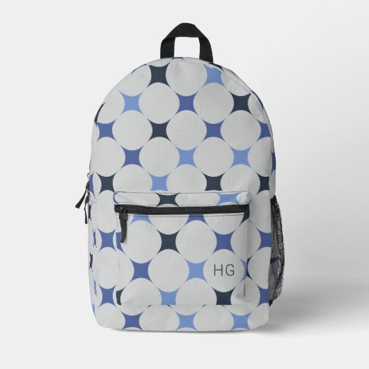 Einzigartige Gender Neutral Blue Monogram Initiale Bedruckter Rucksack (Vorderseite)
